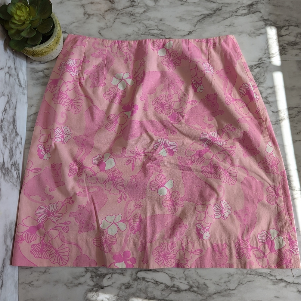 Women's Lilly Pulitzer Pink Cotton Jungle Cat Skirt Vintage White Label size 4